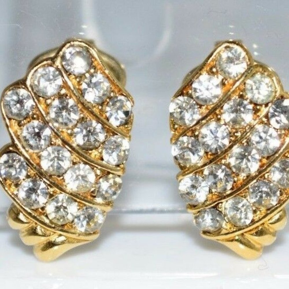 TRIFARI Signed Gold Tone Clear Rhinestone Earrings